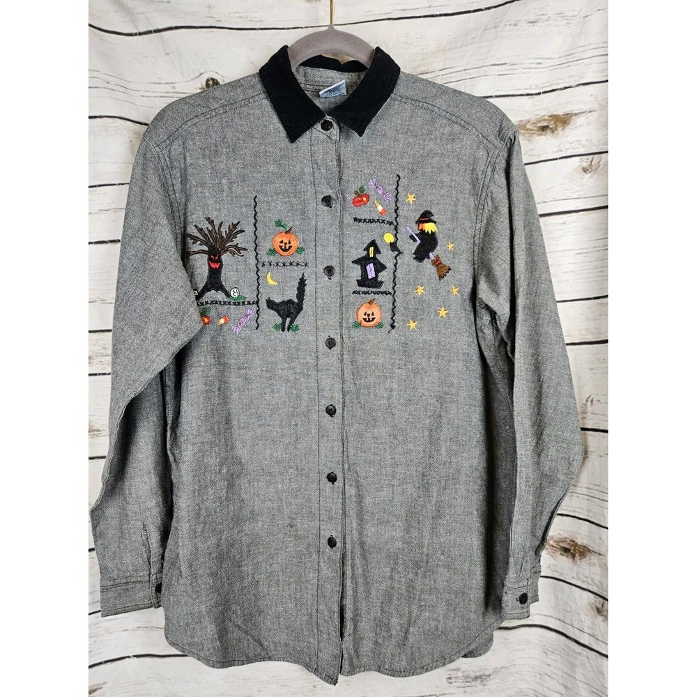 Vtg Halloween Embroidered Denim Top M Button Up Corduroy Collar Witch Black Cat